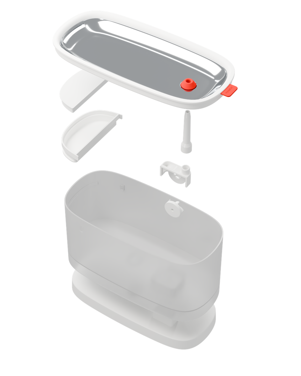 PourPurr fountain exploded view: drinking tray, filter, filter tray, pump parts and water tank